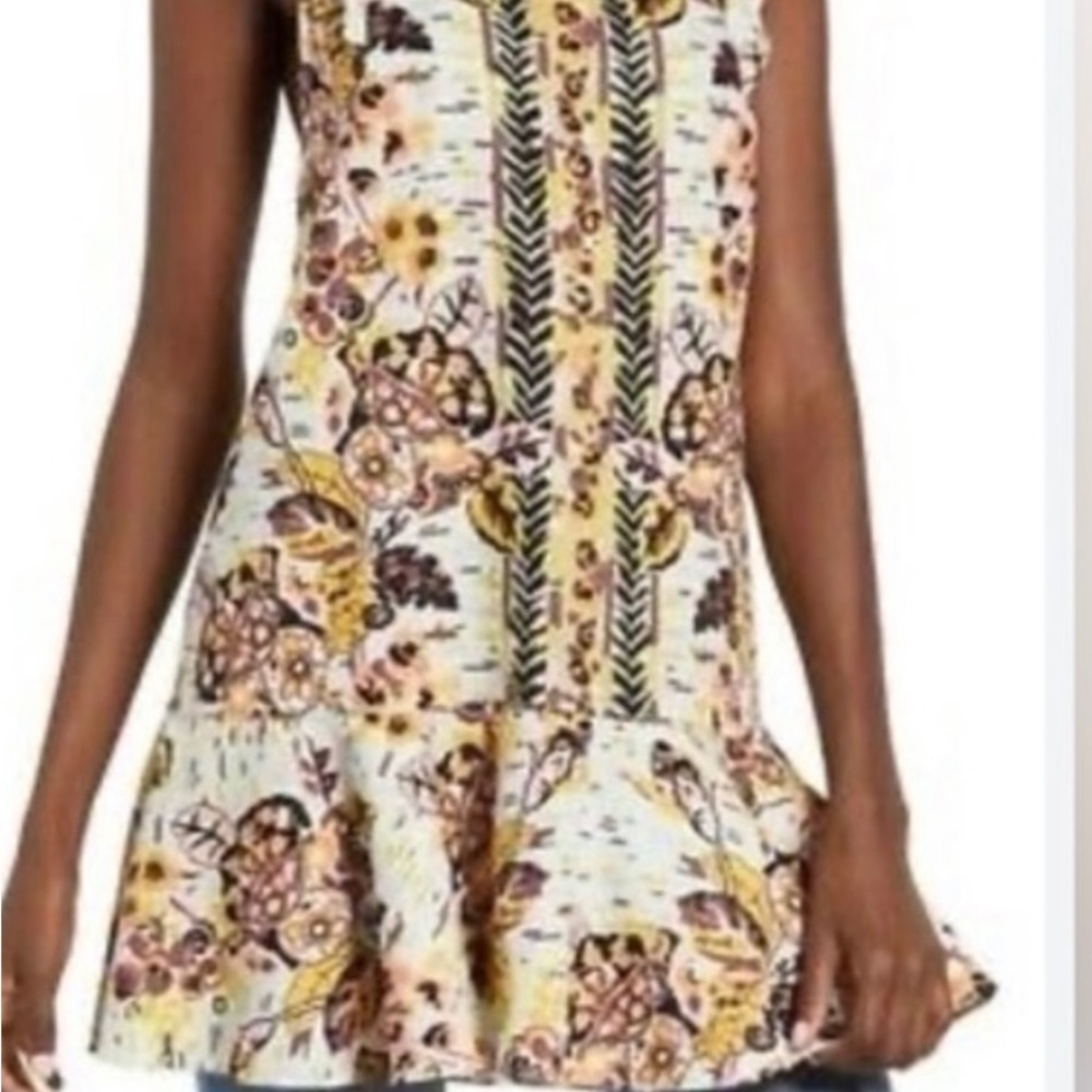 Free People Summer In Tulum Linen Blend Floral Ruffle Trim Tunic/Dress S